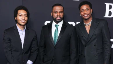 (L-R) Demetrius Flenory Jr., 50 Cent and Da'Vinchi arrive at the Los Angeles Premiere BMF Season 2 on January 5, 2023 in Los Angeles (Credit: Image Press Agency)