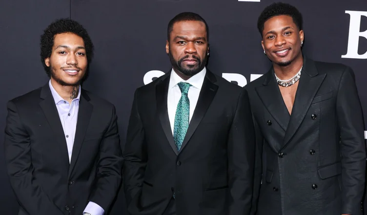 (L-R) Demetrius Flenory Jr., 50 Cent and Da'Vinchi arrive at the Los Angeles Premiere BMF Season 2 on January 5, 2023 in Los Angeles (Credit: Image Press Agency)