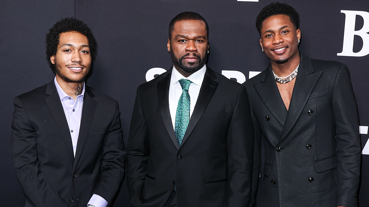 (L-R) Demetrius Flenory Jr., 50 Cent and Da'Vinchi arrive at the Los Angeles Premiere BMF Season 2 on January 5, 2023 in Los Angeles (Credit: Image Press Agency)