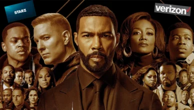 "Power" universe characters are show with the logos for Starz and Verizon
