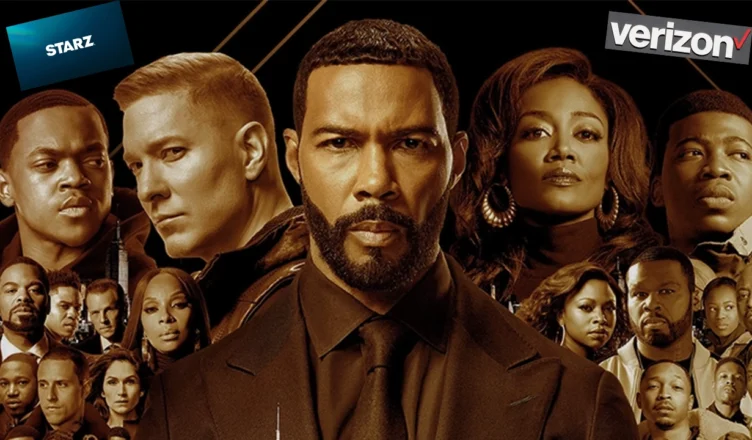 "Power" universe characters are show with the logos for Starz and Verizon
