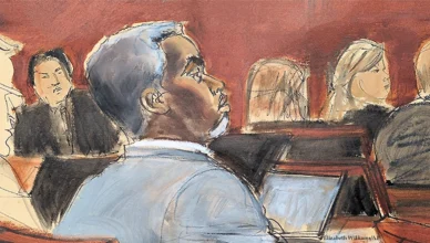 Sean Diddy Combs listens during opening statements on the first day of trial in Manhattan federal court, Monday, May 12, 2025, in New York. (Elizabeth Williams/AP)