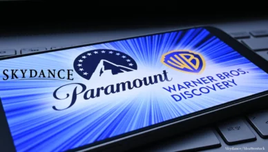 Skydance, Paramount and Warner Bros. Discovery logos. (Credit: Skydance and Shutterstock)