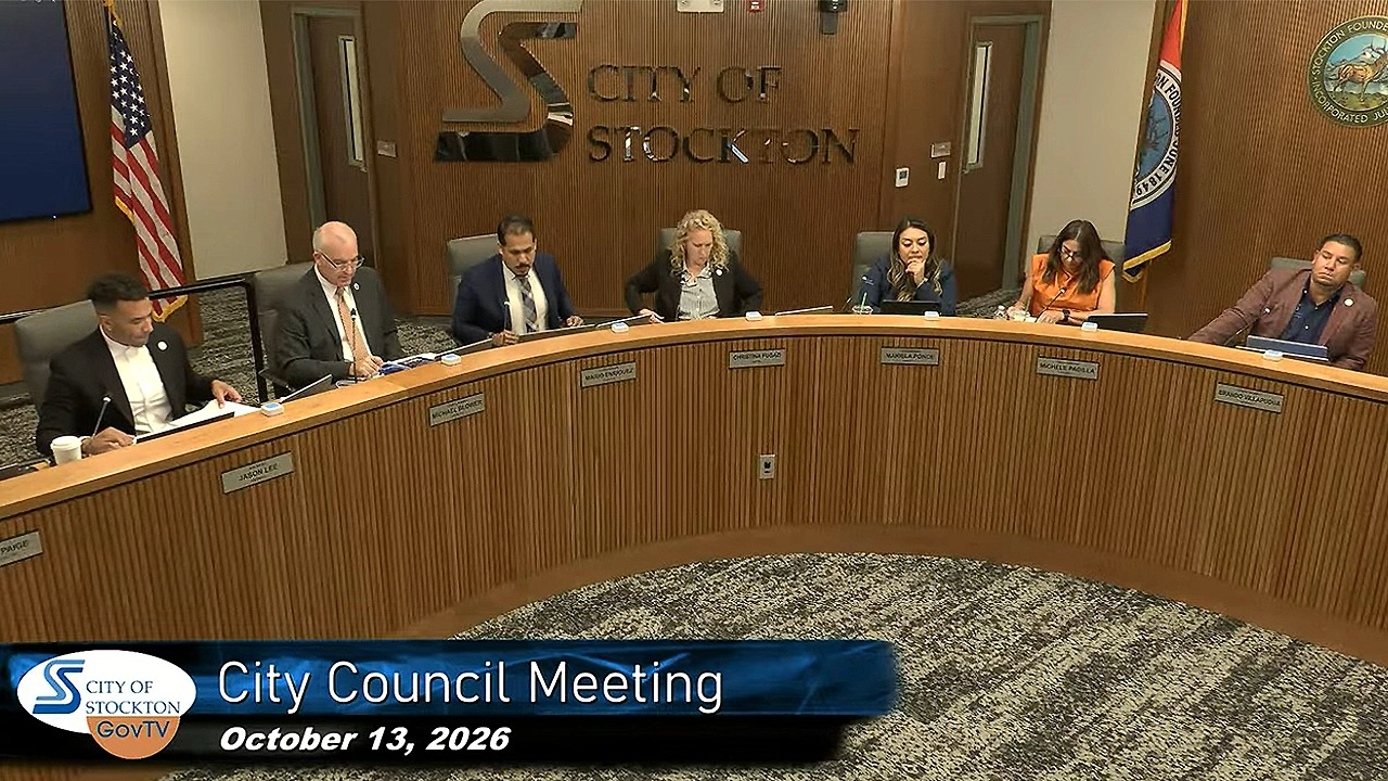 Stockton City Council members are shown at their meeting on October 13, 2026. (Credit: YouTube/City of Stockton)
