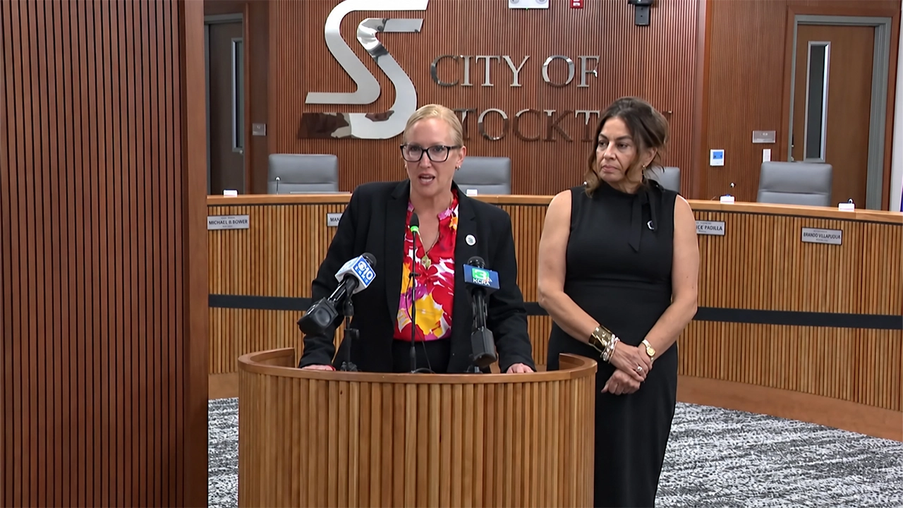 (L-R) Stockton Mayor Christina Fugazi and Councilmember Michele Padilla held a news conference on Wednesday, Oct. 14, 2026 at Stockton City Hall to address the removal of Jason Lee as vice mayor. (Credit: YouTube/ABC10)