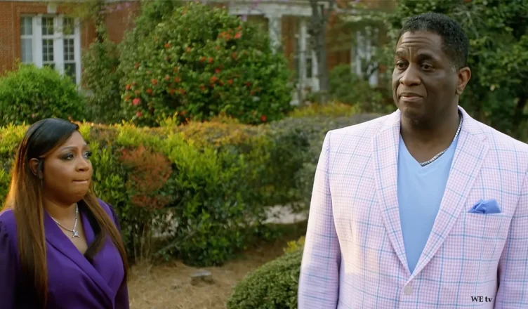 Trina Braxton and husband Von Scales are shown in an episode of The Braxtons. (Credit: WE tv)